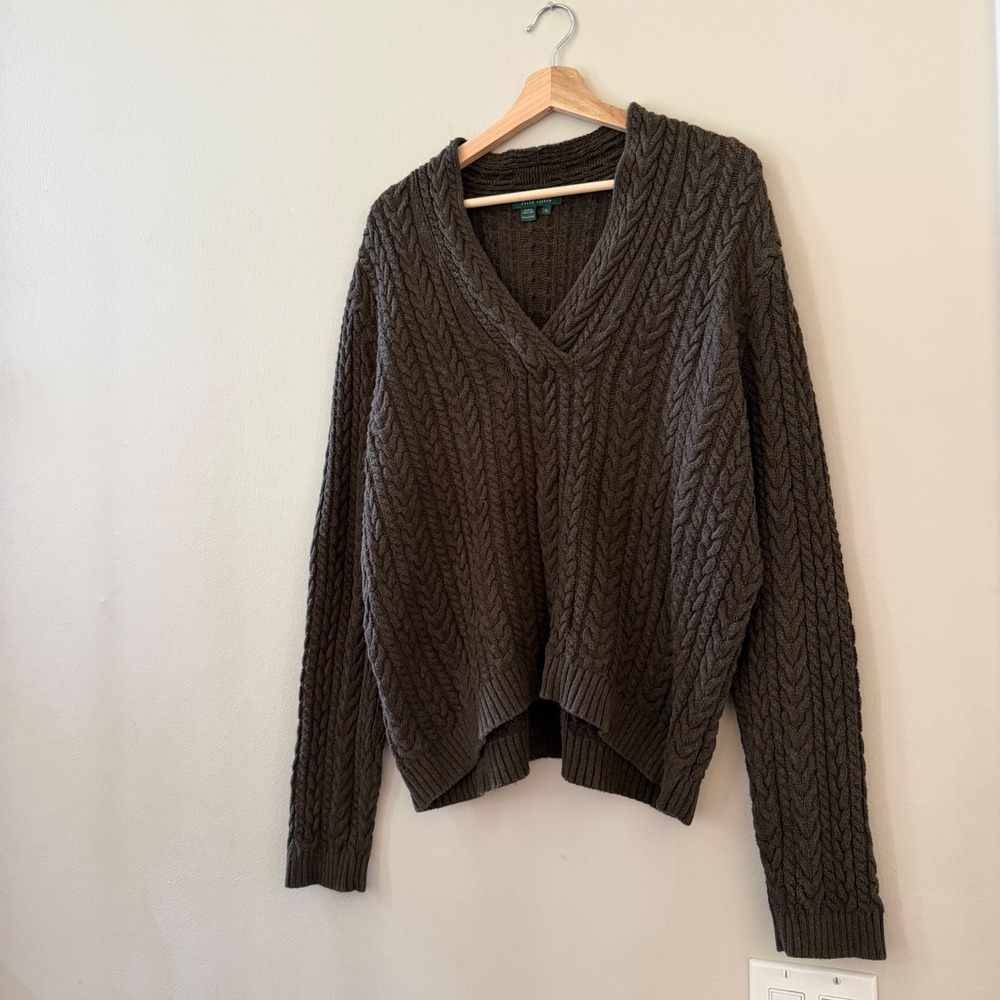 Lauren Ralph Lauren Sweater Women XL Brown Cable Knit V-Neck Cotton Pullover